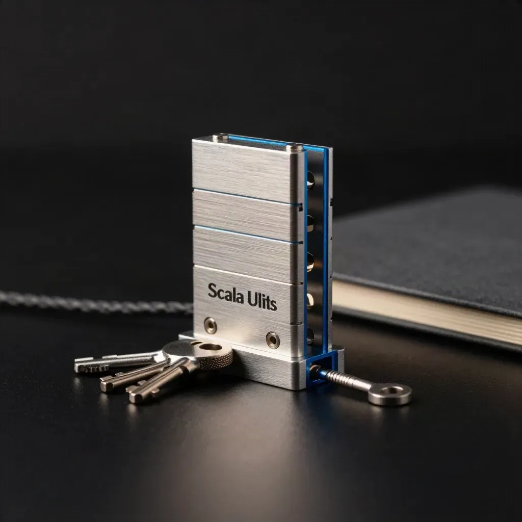 Brushed metal utility modules with hex keys, cable, and notebook on a dark studio surface.
