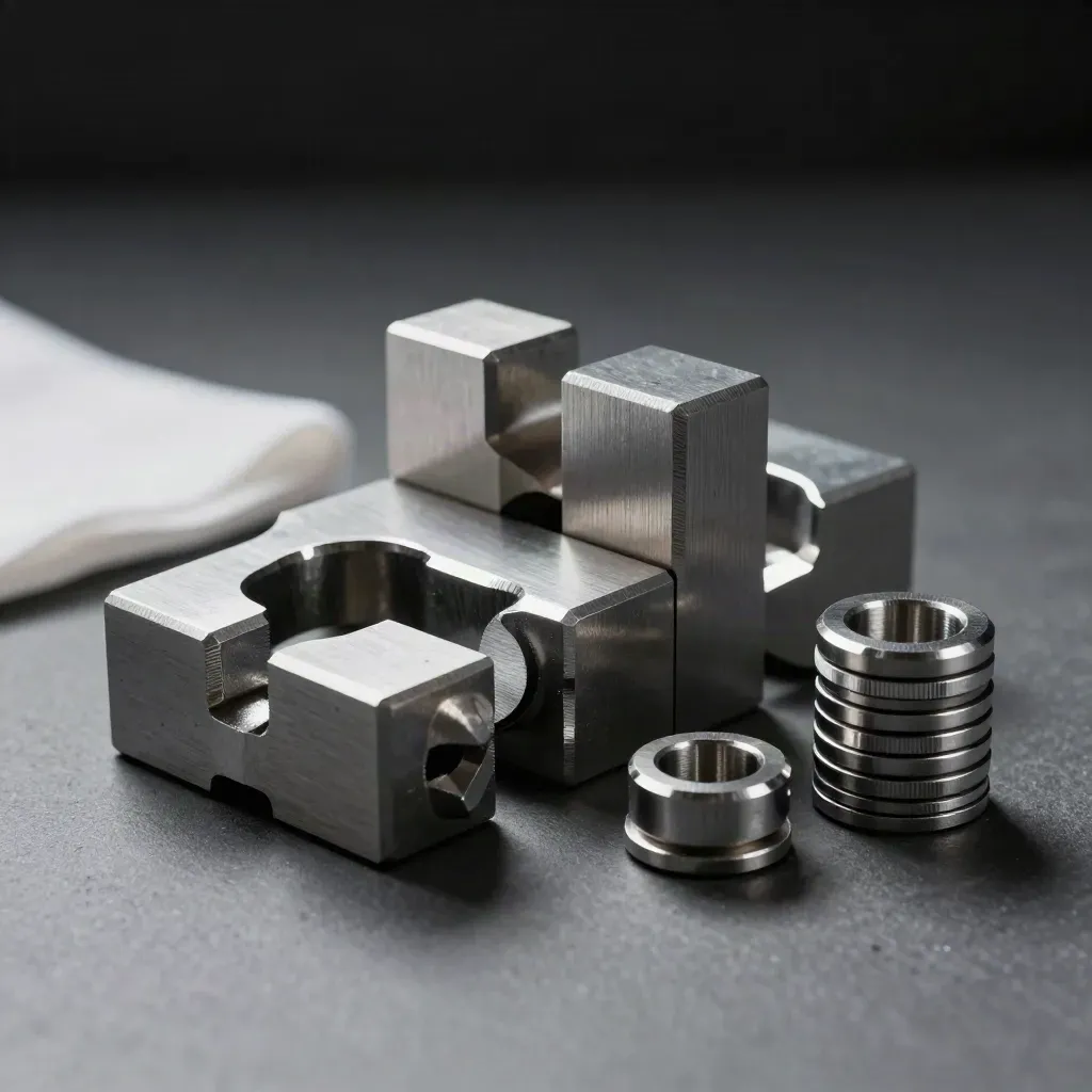 Machined gauge blocks, clamp jaw, and steel spacers on brushed metal in dramatic light.