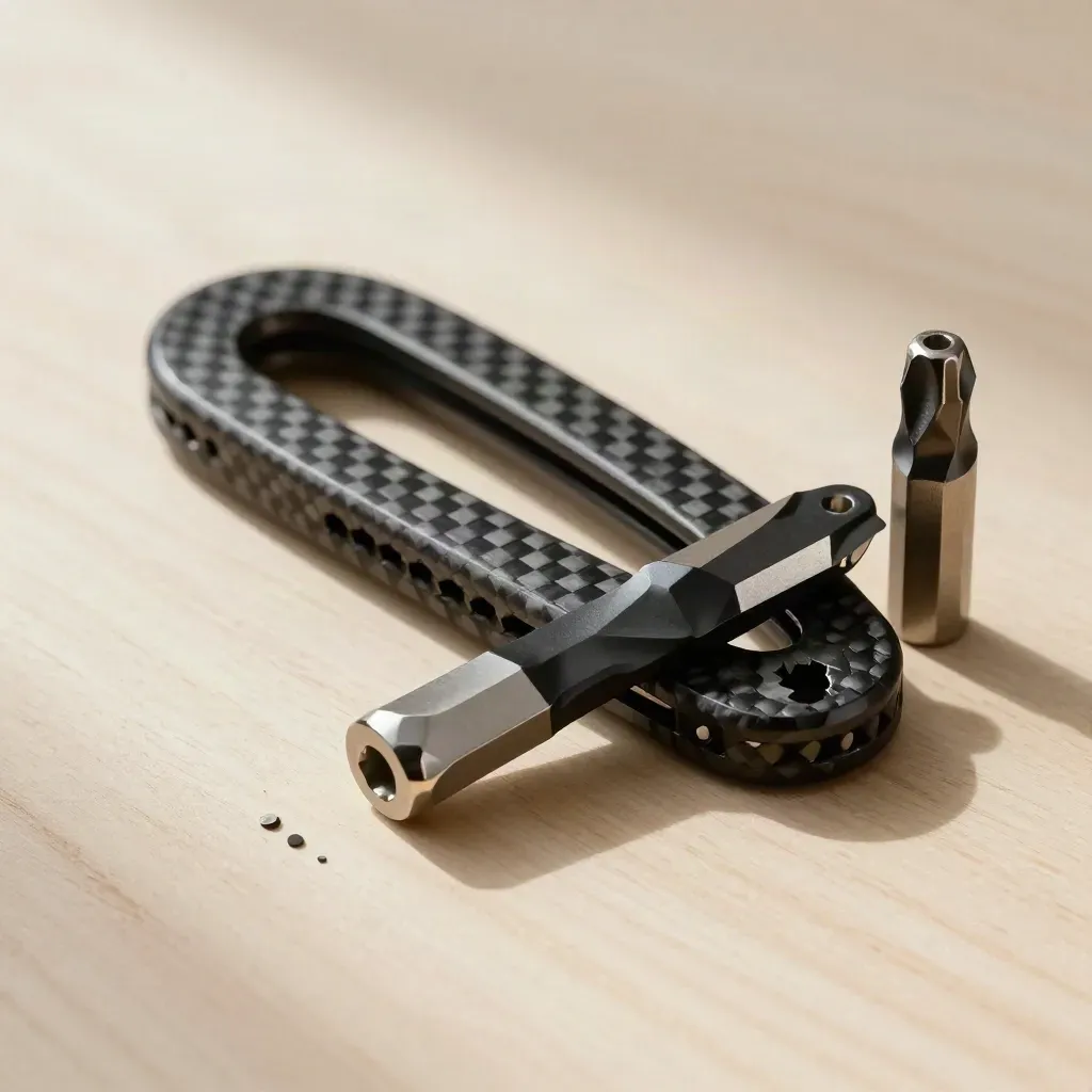 A macro still life of aerospace fasteners, carbon-fiber clip, and torque bits on pale wood.