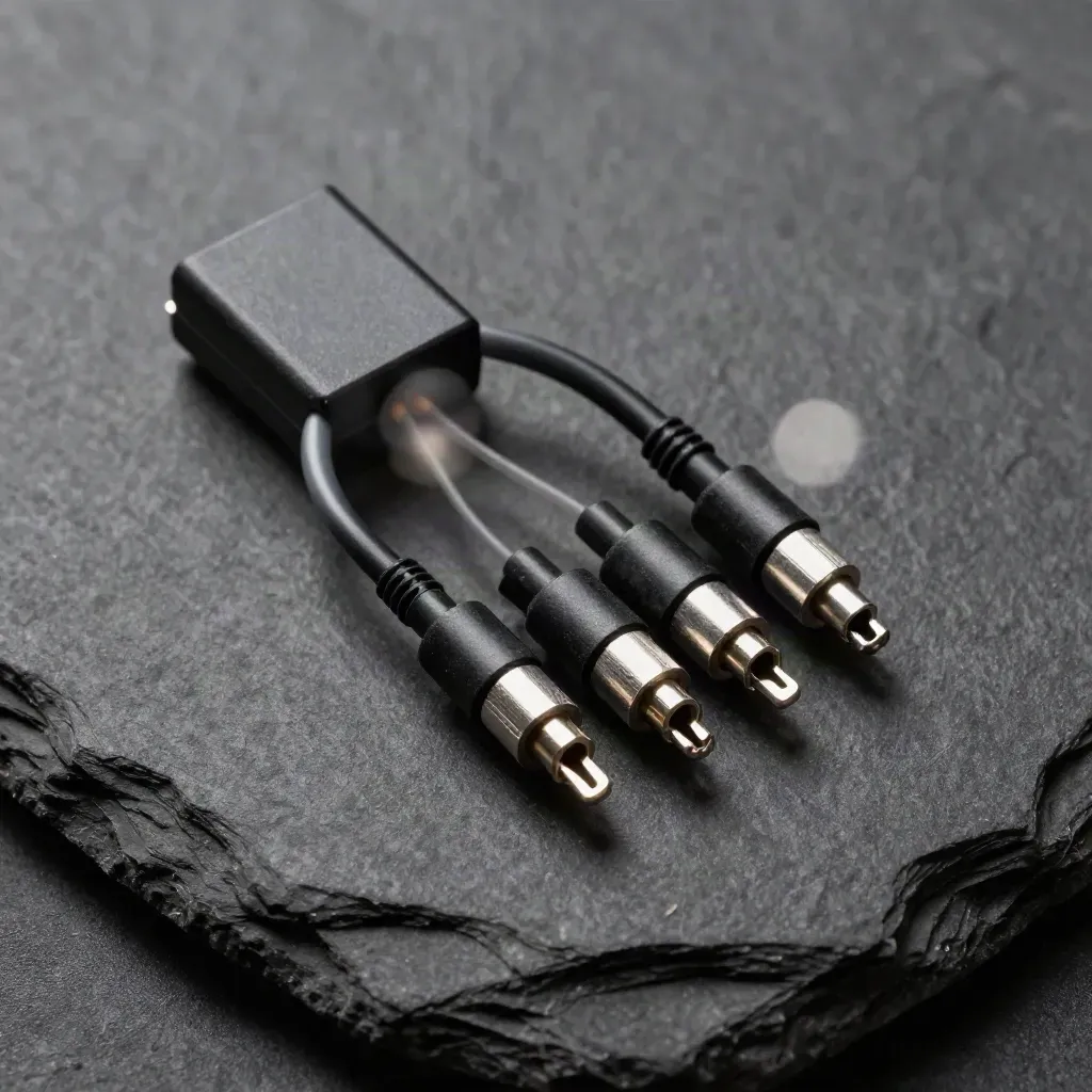 Top-down macro of fiber-optic couplers and cable ferrules on dark slate stone.