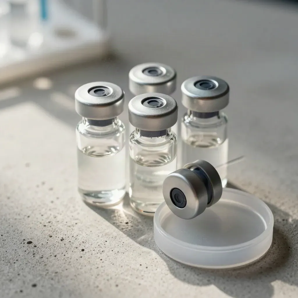 Macro lab still life of glass vials, reagent caps and a frosted dish on pale concrete.