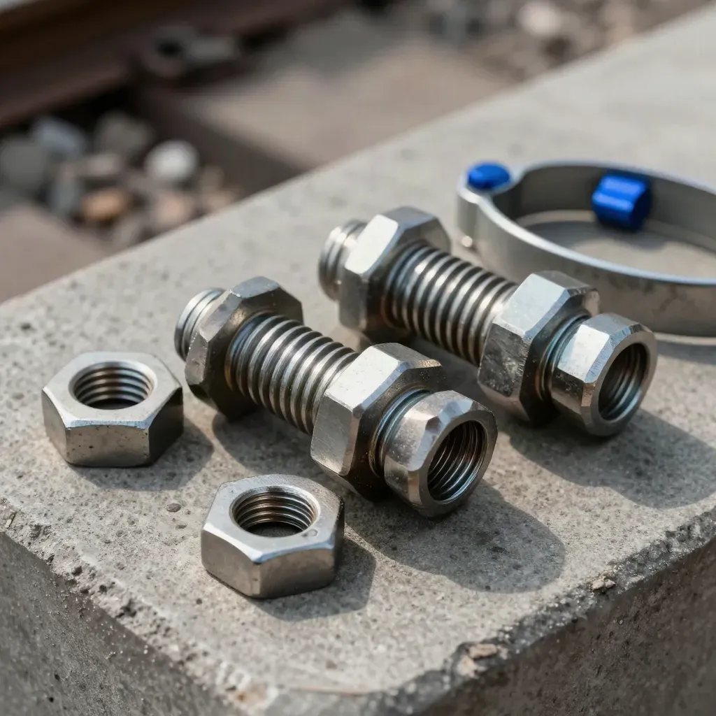 Macro rail coupling pins, washers and a steel clip on concrete with a cobalt-blue accent