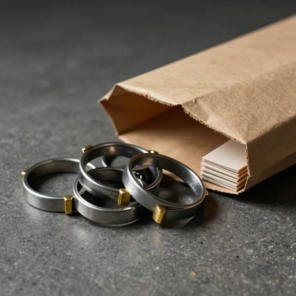 Cargo seal rings and brass corner protectors on brushed stone, dramatic still life