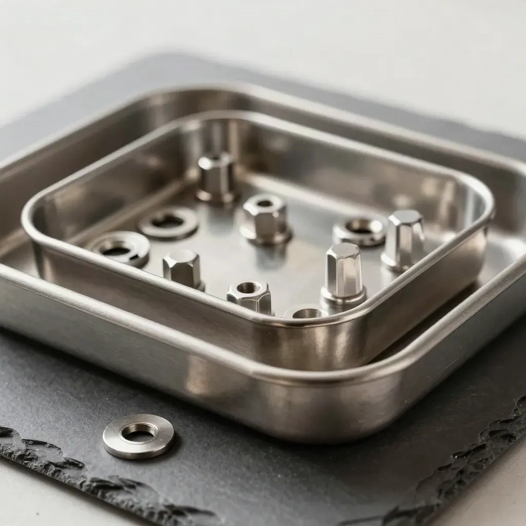 Top-down macro of stainless component trays with hex standoffs and washers on slate gray.