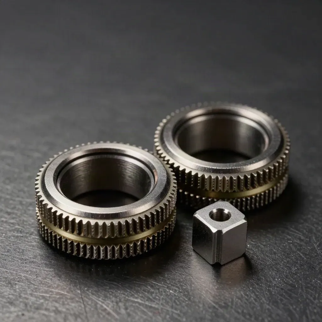 Adjustment collars, spacer shims and a stop block on brushed metal in dramatic studio light.