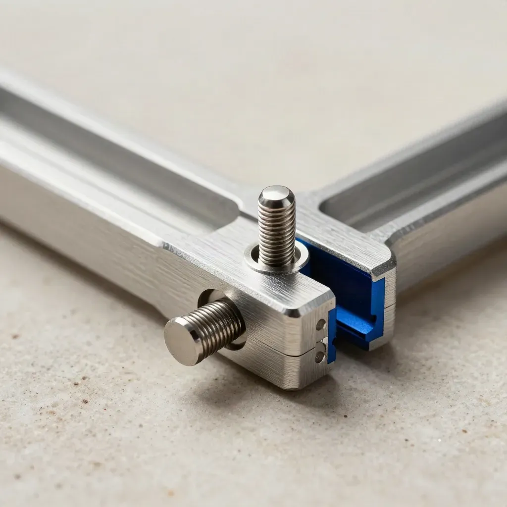 Aluminum alignment jig with spring clips and locator pins on pale stone, close macro