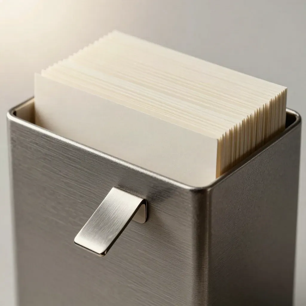 Brushed-steel index-card file with divider tabs, card stack and a metal bookmark on graphite stone.