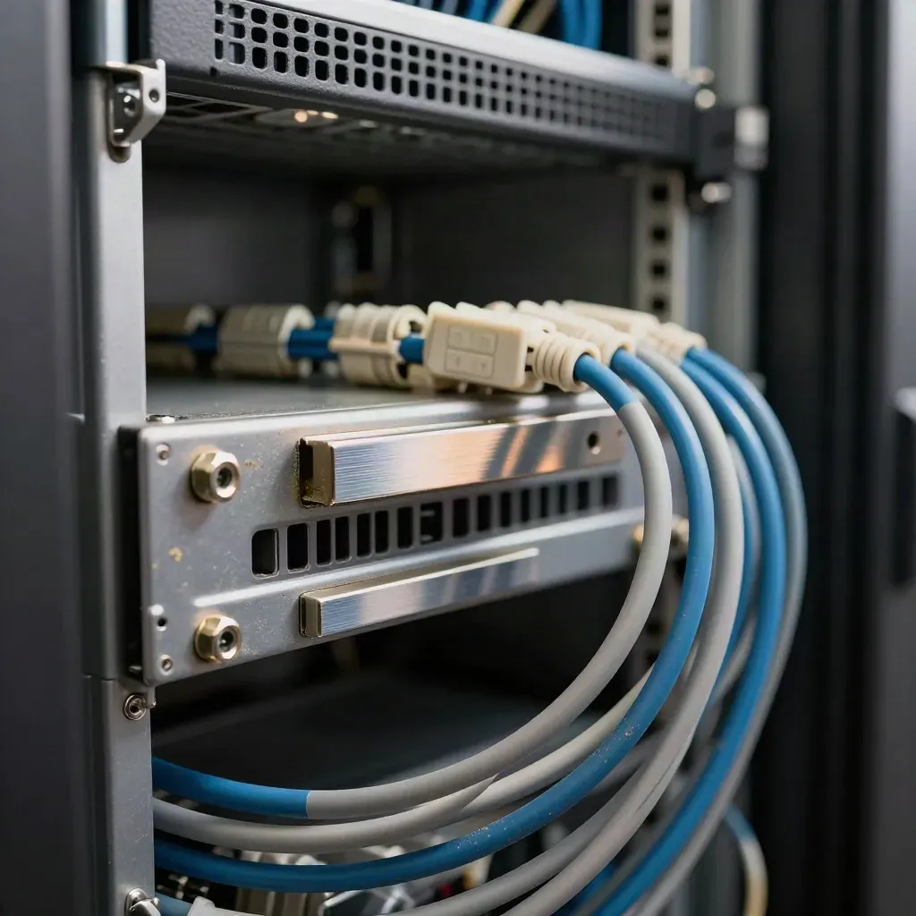 Macro server rail with patch cables and rack screws inside a data center rack