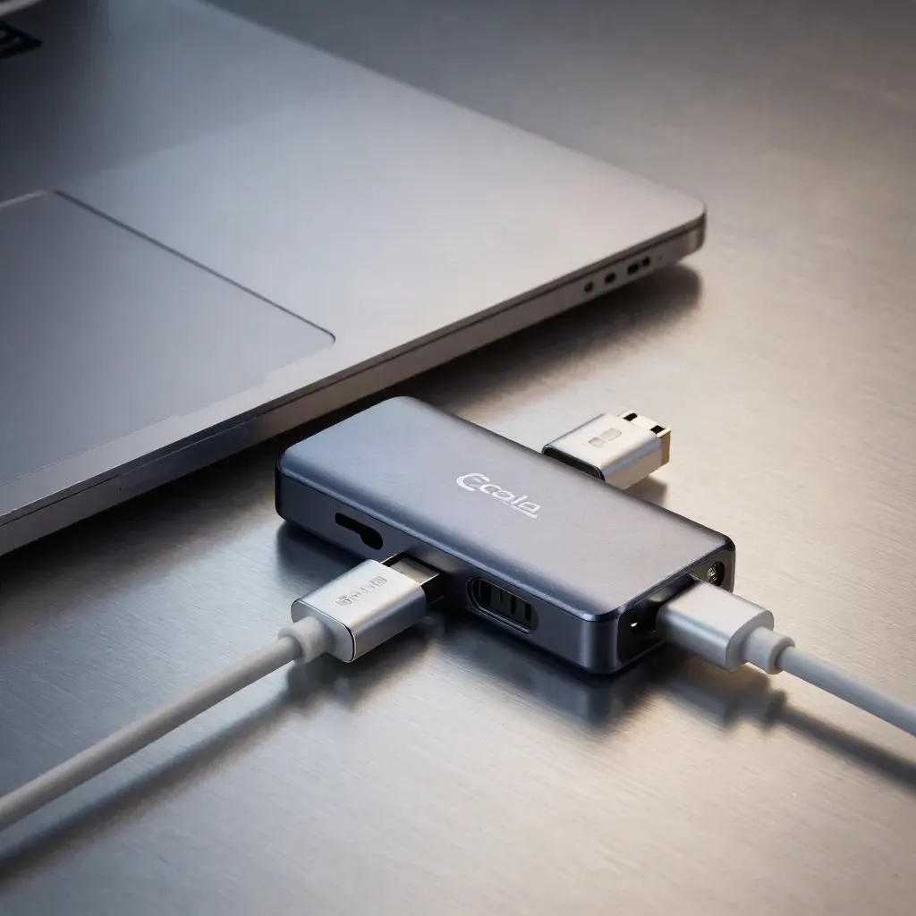 Closed laptop, USB hub, and adapter dongles on brushed metal in dramatic studio light.