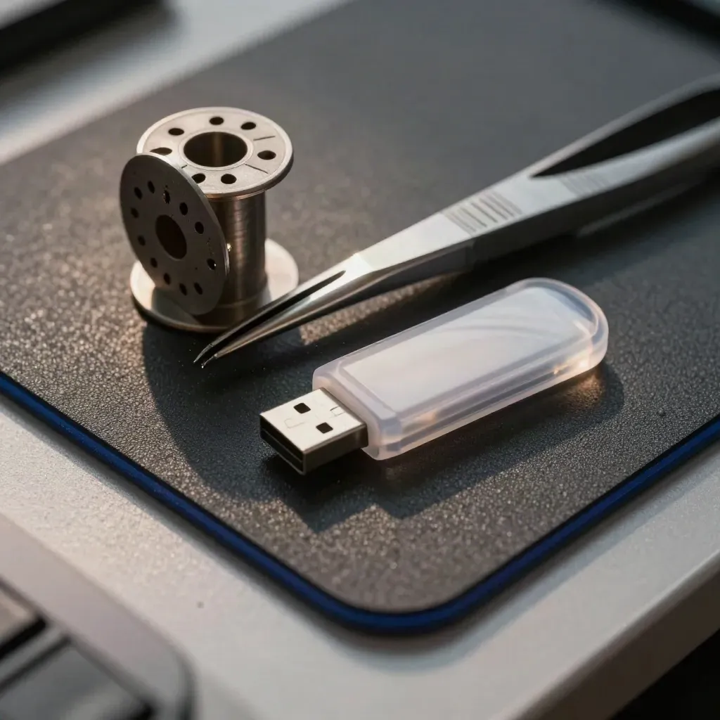 Macro of solder spool, tweezers, USB drive and antistatic mat on graphite.