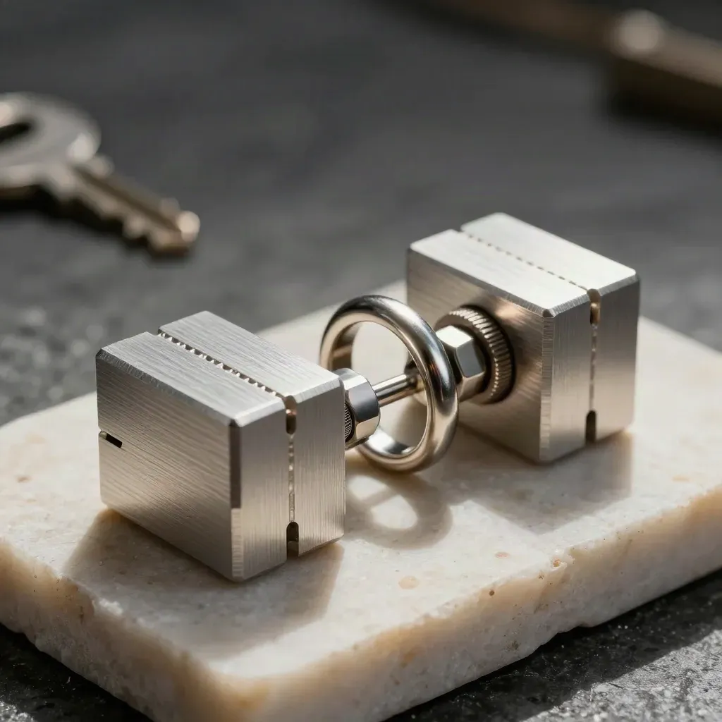 Machined aluminum blocks and a stainless ring arranged as a premium GitHub connectivity still life.