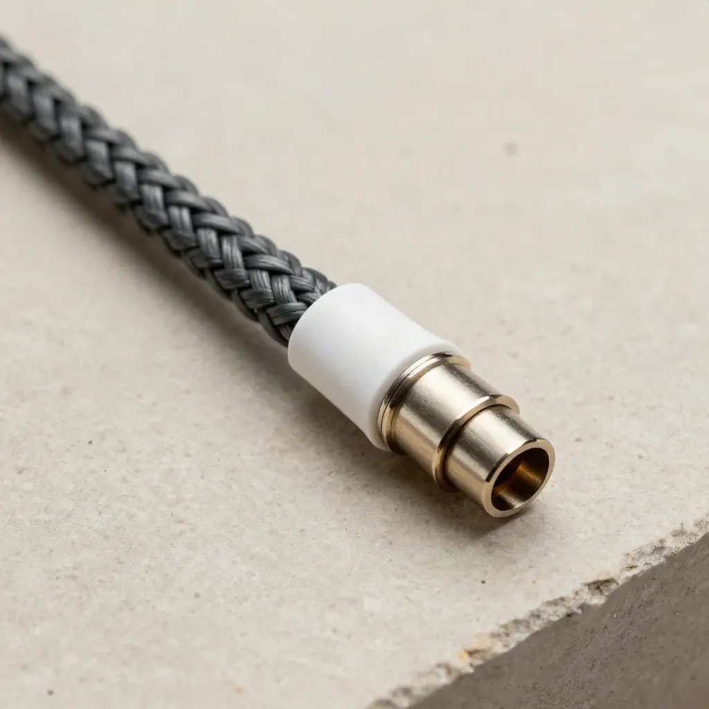 Braided connector harness linking clamp rings and a relay coupler on a stone surface.
