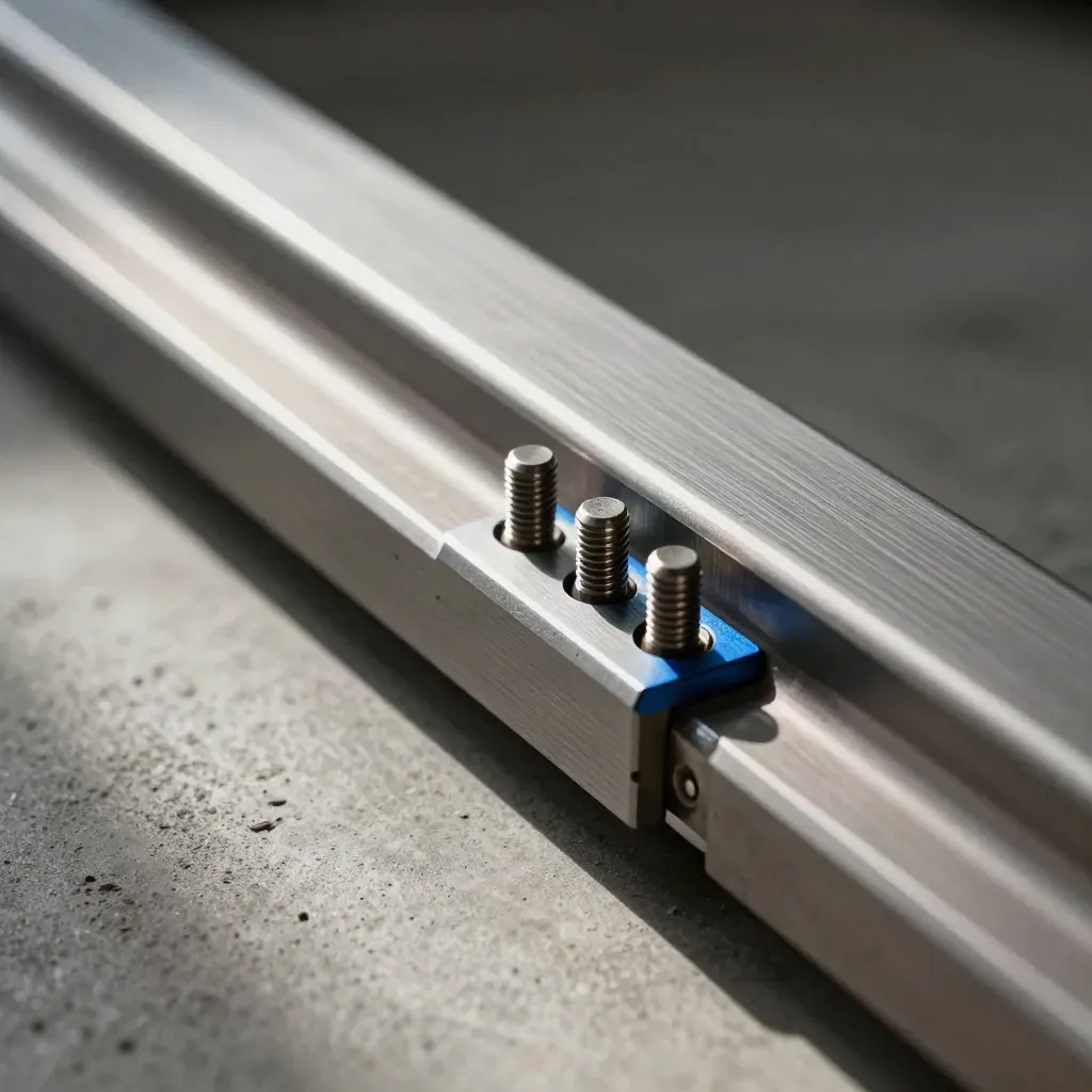 Macro of aluminum rail, spacer blocks and alignment pins on concrete, lit by a cool beam