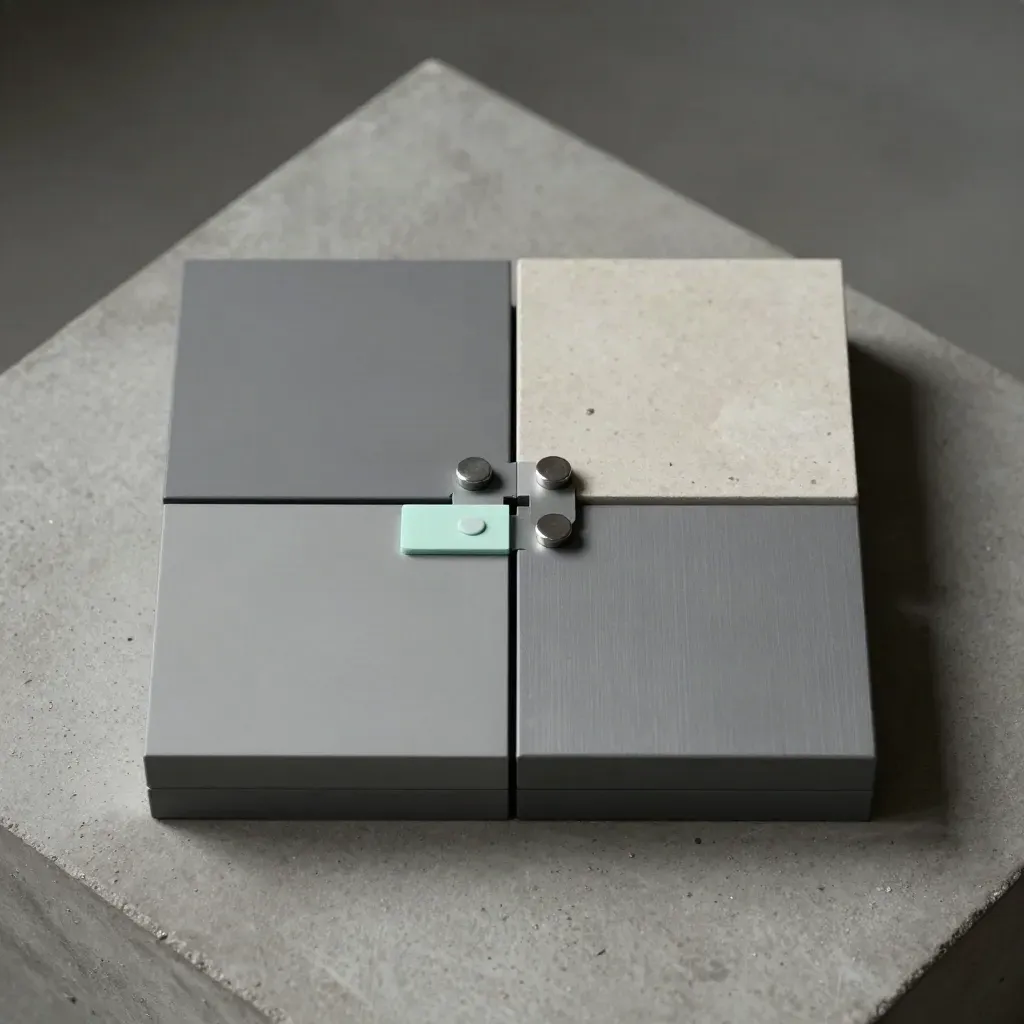 Square modular blocks and magnetic connectors arranged in a tidy grid tray on concrete